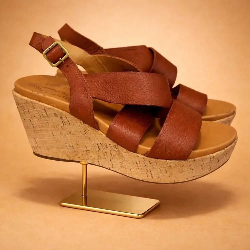 Kork-Ease Ashcroft Brown Leather Wedge Cork Platform Sandals 8